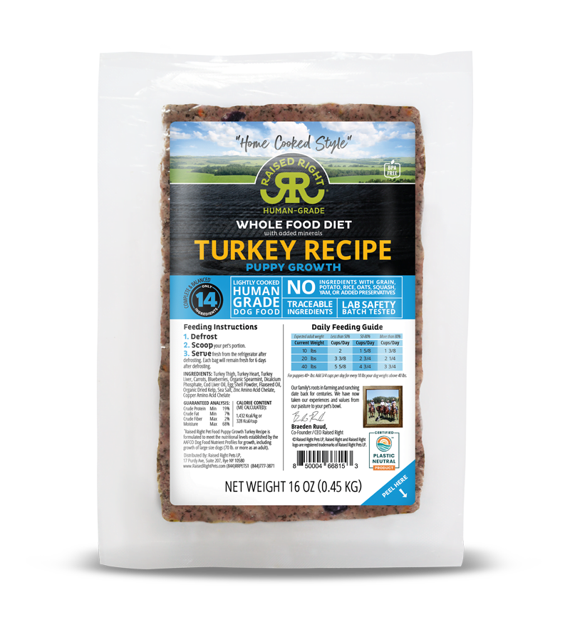 Raised Right Lightly Cooked Puppy Growth Turkey Frozen Dog Food