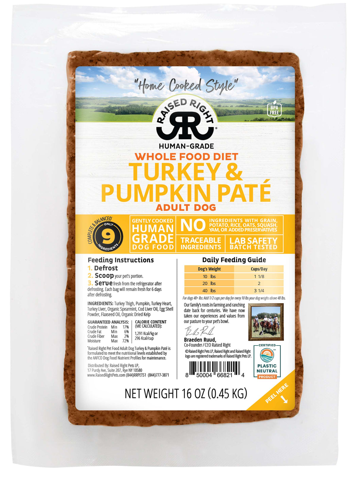 Raised Right Lightly Cooked Turkey &amp; Pumpkin Paté Frozen Dog Food