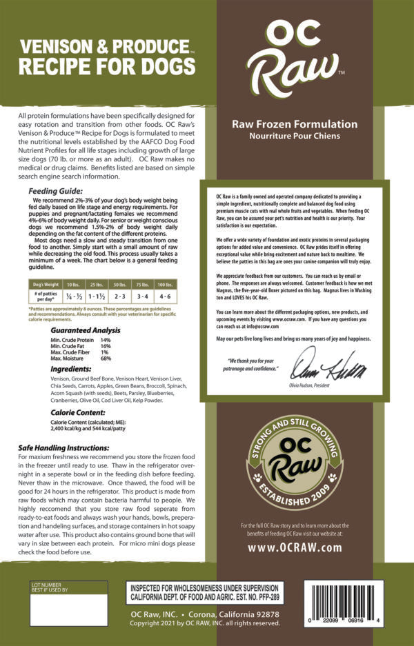 OC Raw Frozen Raw Venison &amp; Produce Dog Food