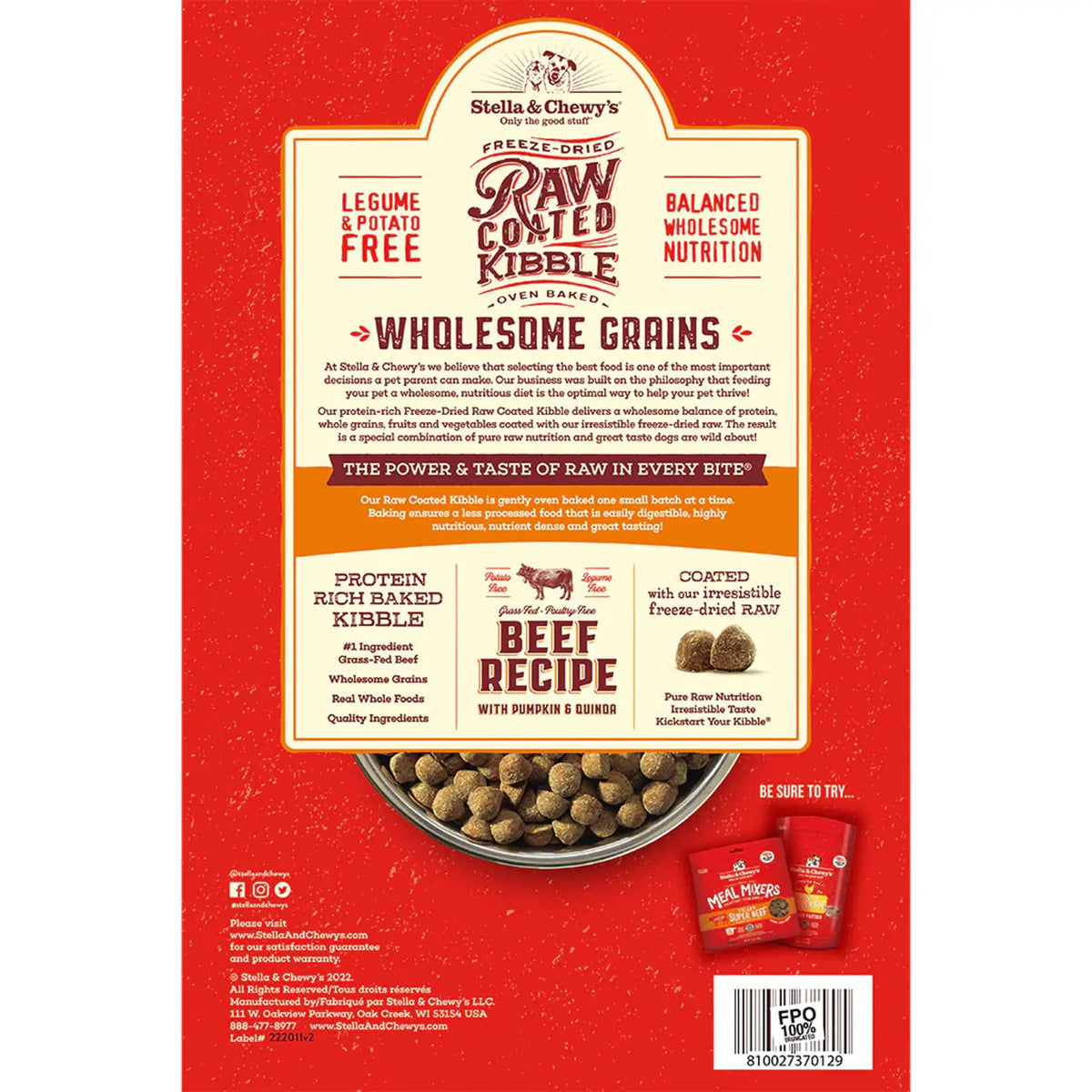 Stella &amp; Chewy&#39;s Kibble Raw Coated Wholesome Grain Beef Dog Food