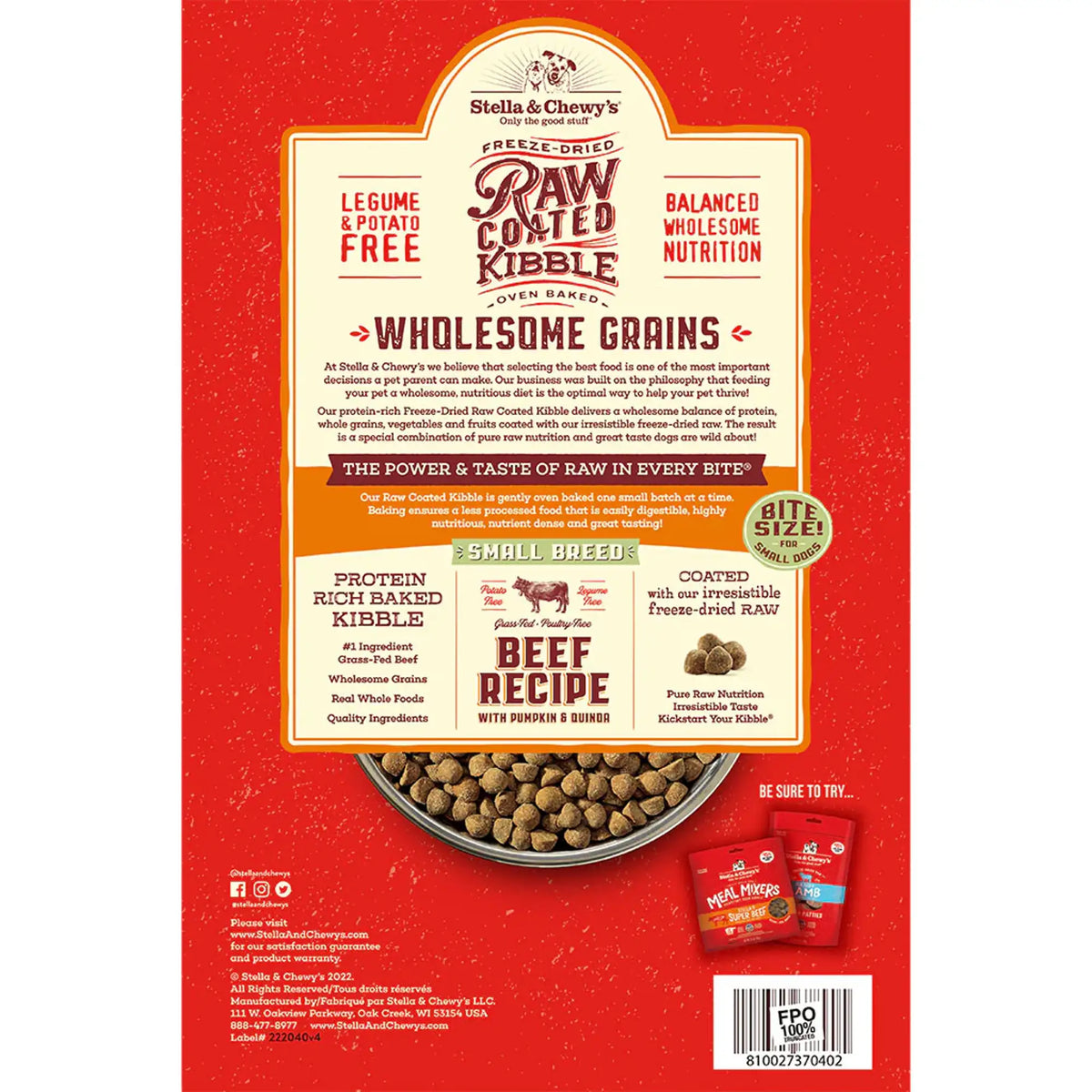 Stella &amp; Chewy&#39;s Kibble Raw Coated Wholesome Grains Beef Small Breed Dog Food