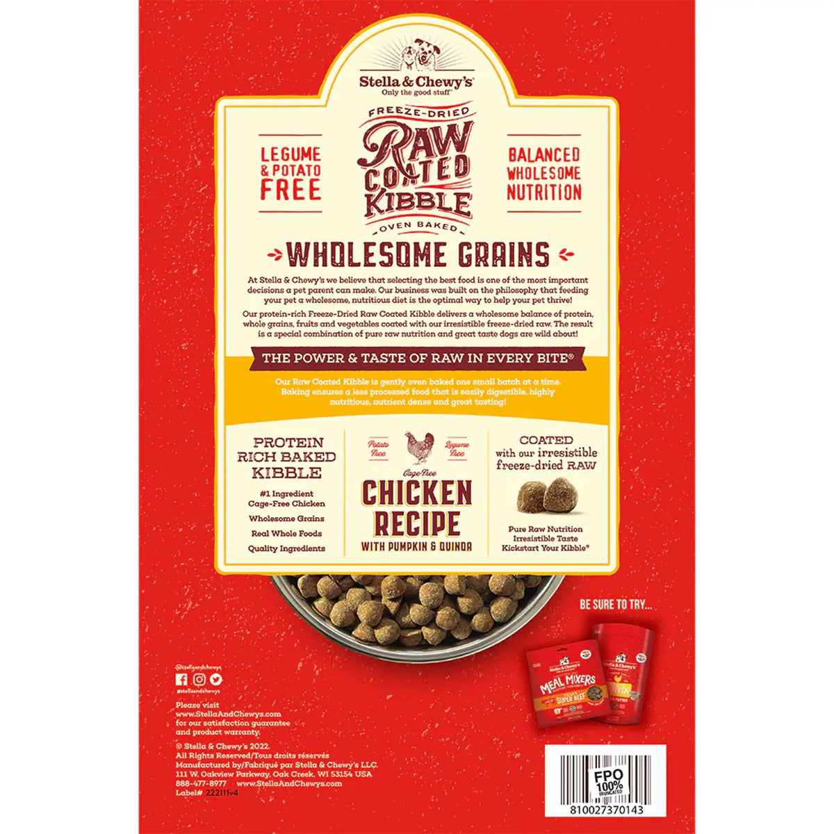 Stella &amp; Chewy&#39;s Kibble Raw Coated Wholesome Grains Chicken Dog Food