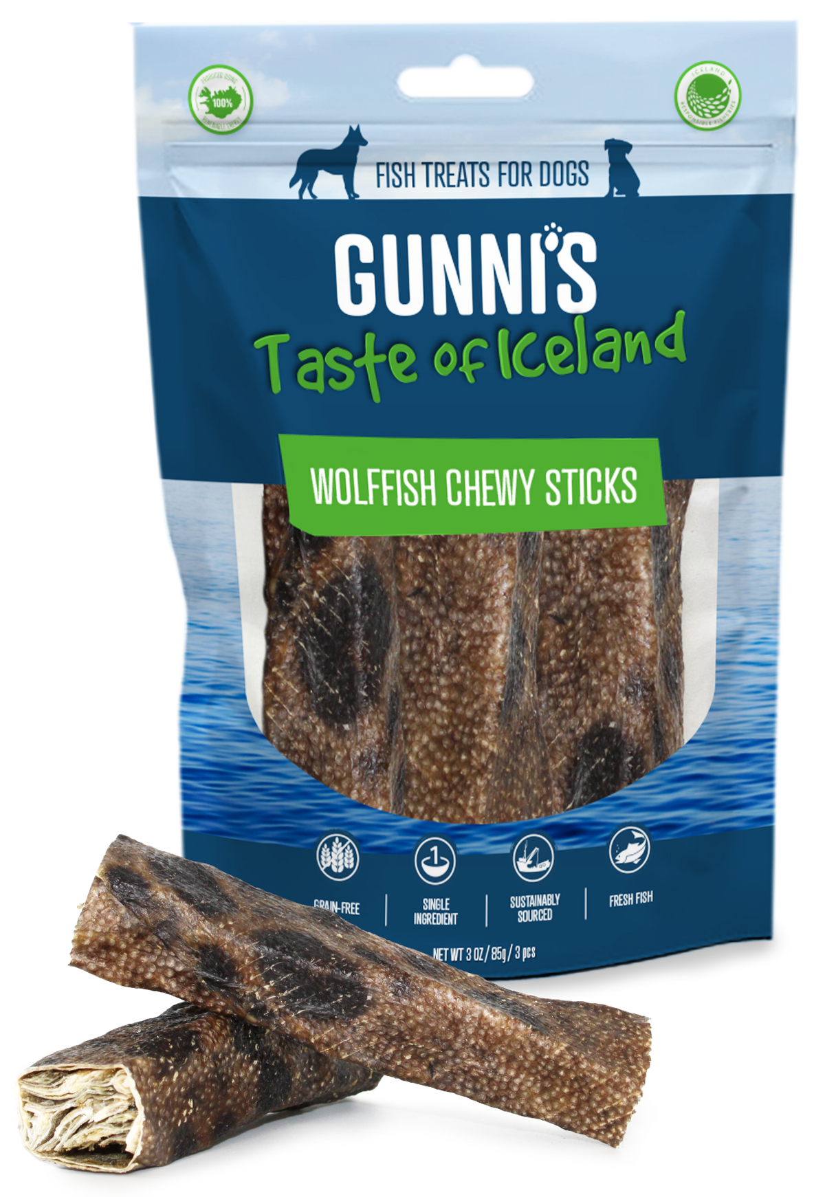 Gunni&#39;s Pet Taste of Iceland Wolffish Chewy Sticks Dog Treats