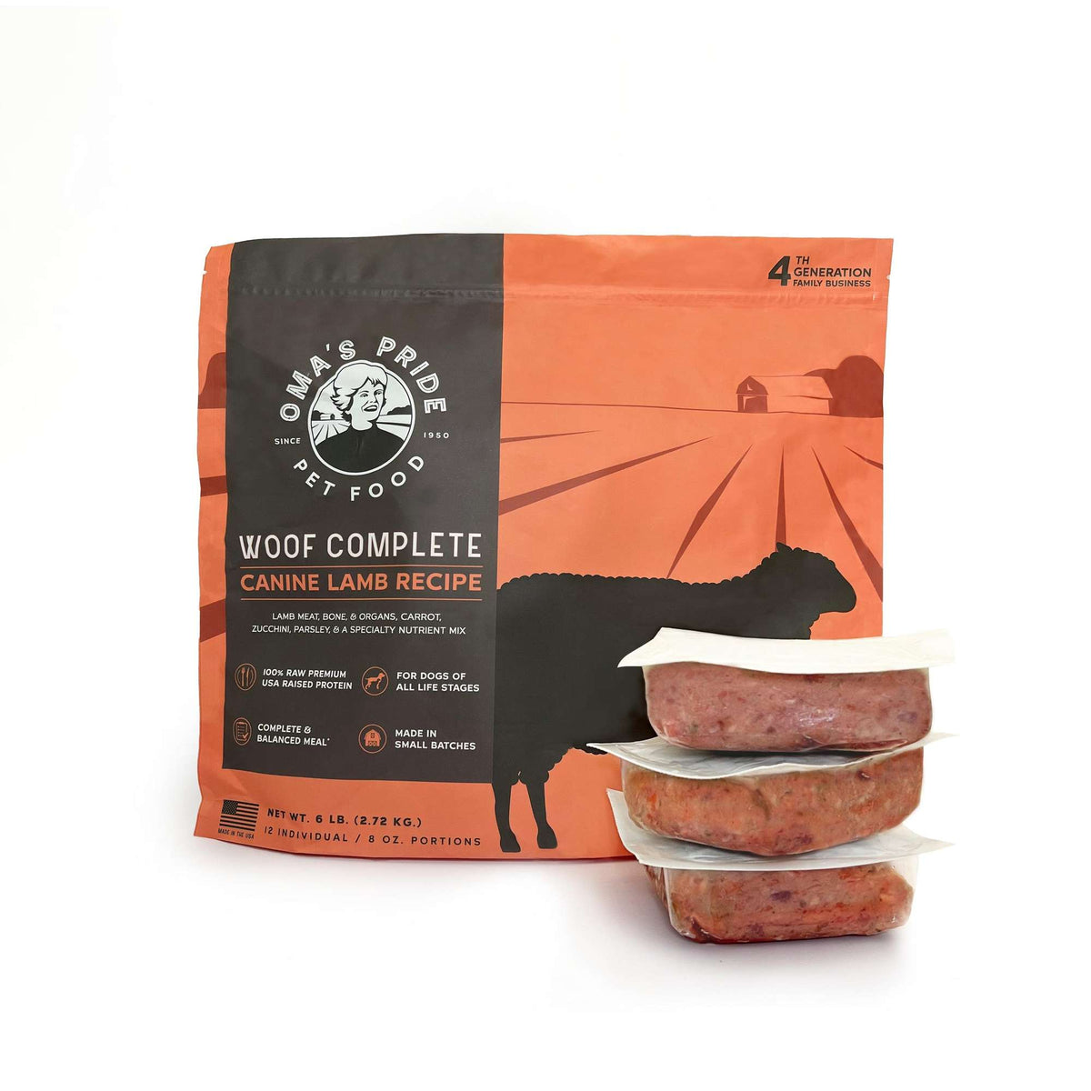 Oma&#39;s Pride Woof Complete Canine Lamb Frozen Raw Dog Food