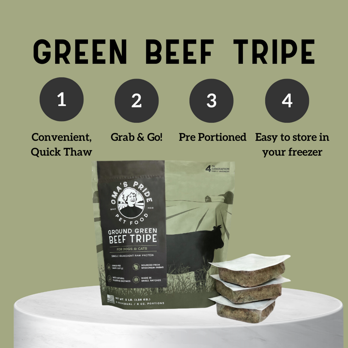 Oma&#39;s Pride Frozen Raw Ground Green Beef Tripe for Dogs &amp; Cats