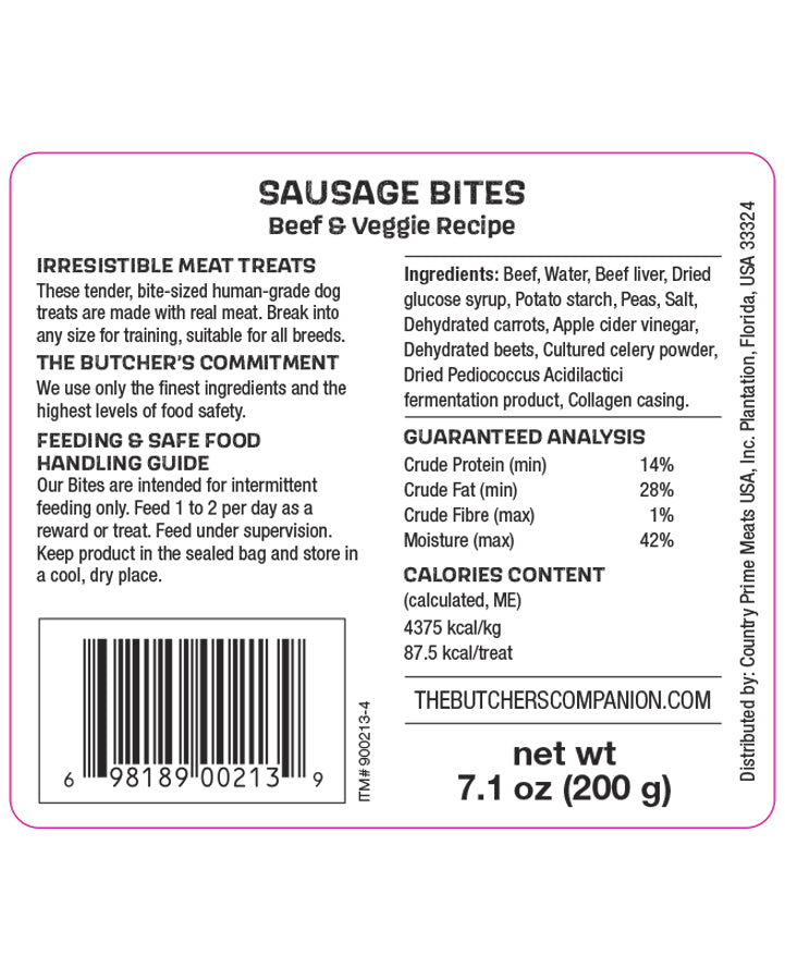 The Butcher&#39;s Companion Beef &amp; Veggie Sausage Bites Dog Treats