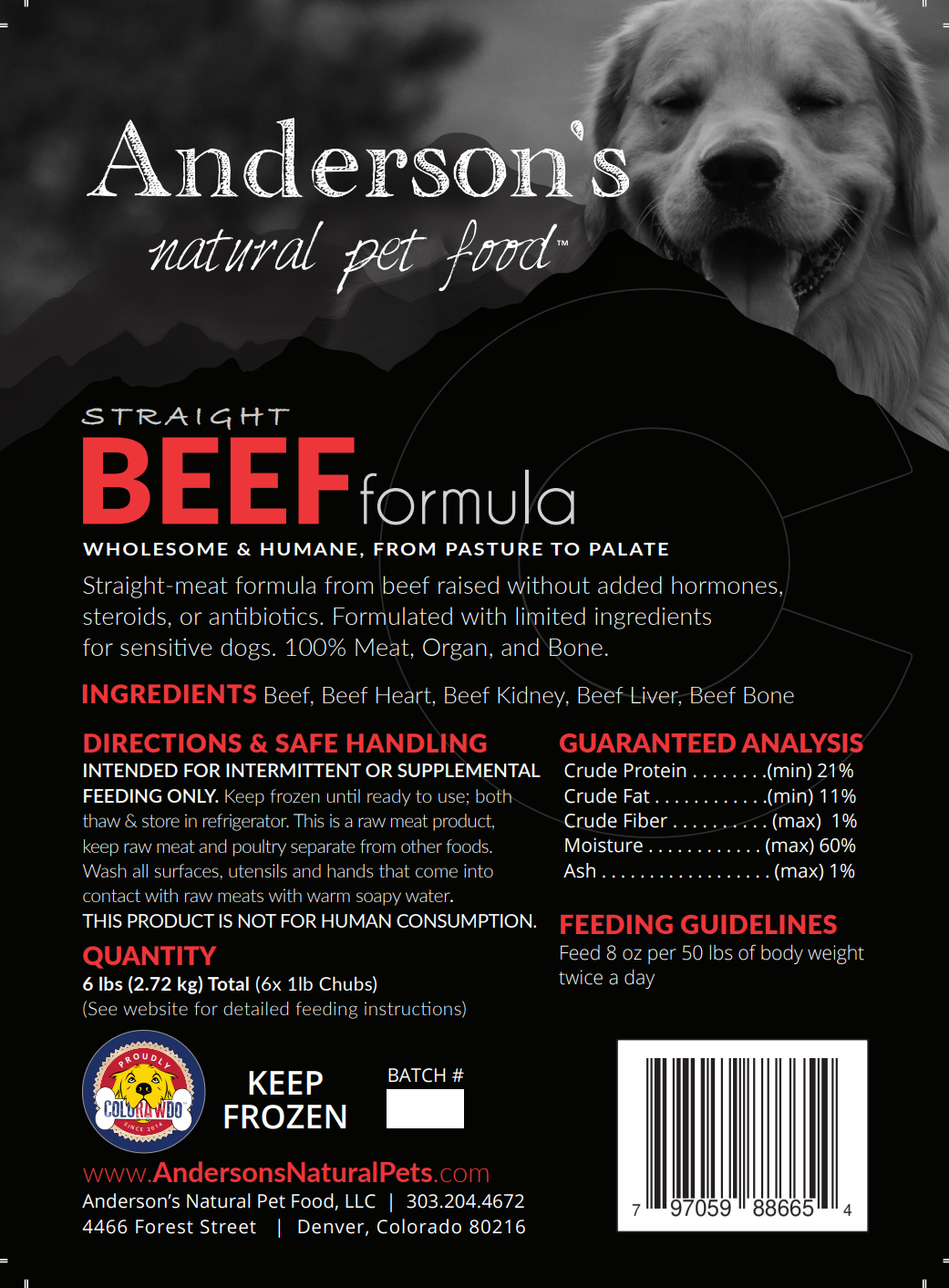 Anderson&#39;s Colorado Straight Grass-Fed Beef Only Frozen Raw Dog and Cat Food
