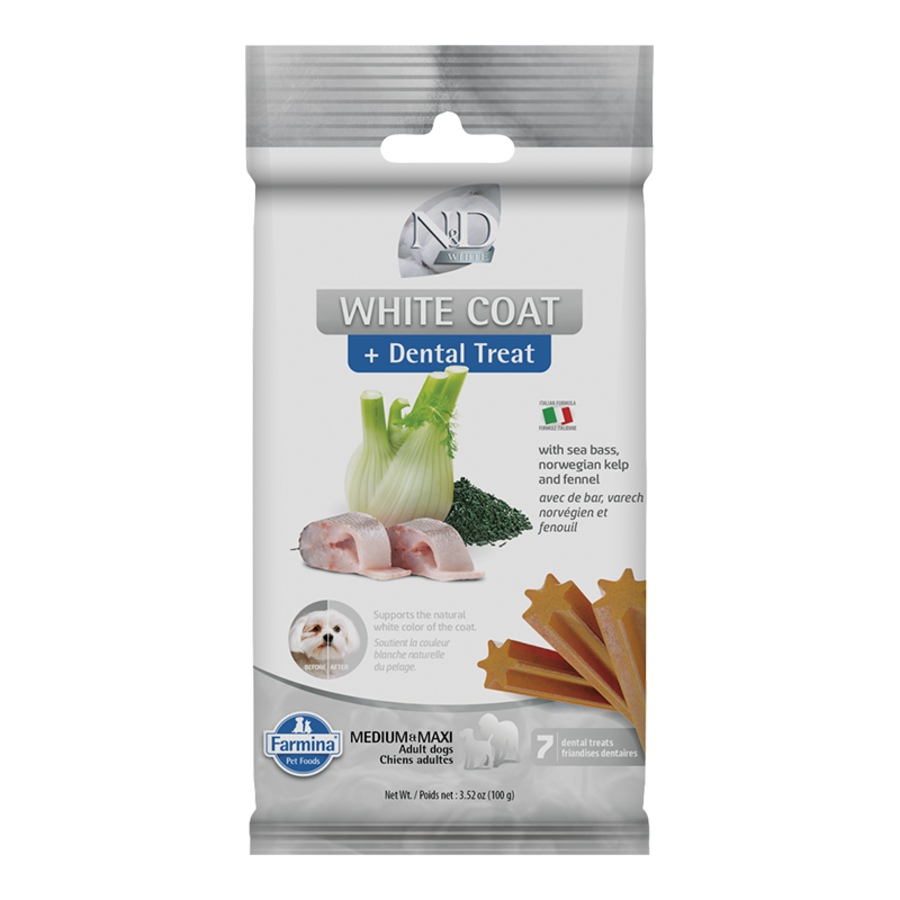 Farmina N&D White Coat + Dental Treat with Sea Bass, Norwegian Kelp & Fennel Medium & Maxi Dog Treats