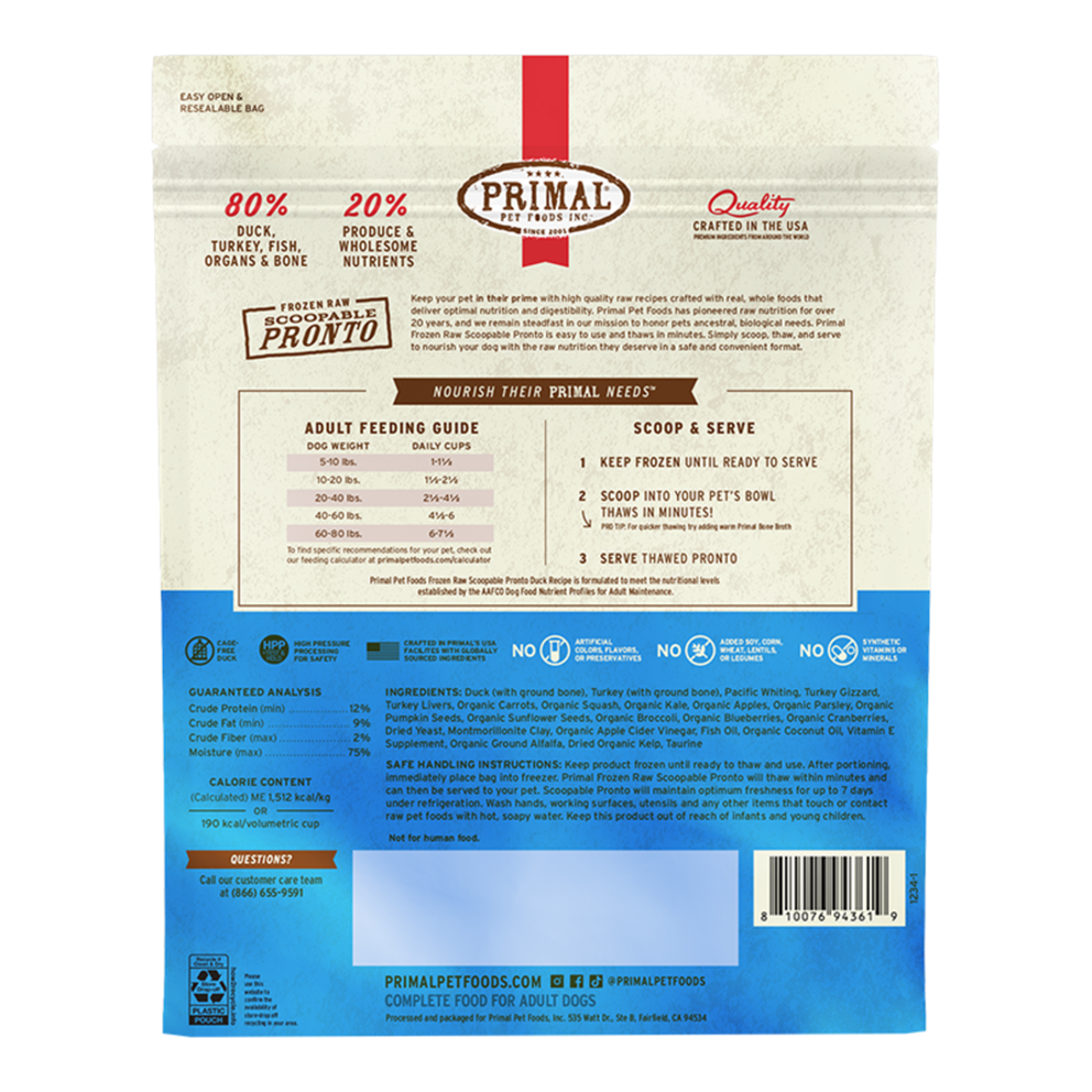 Primal Frozen Raw Pronto Duck Dog Food