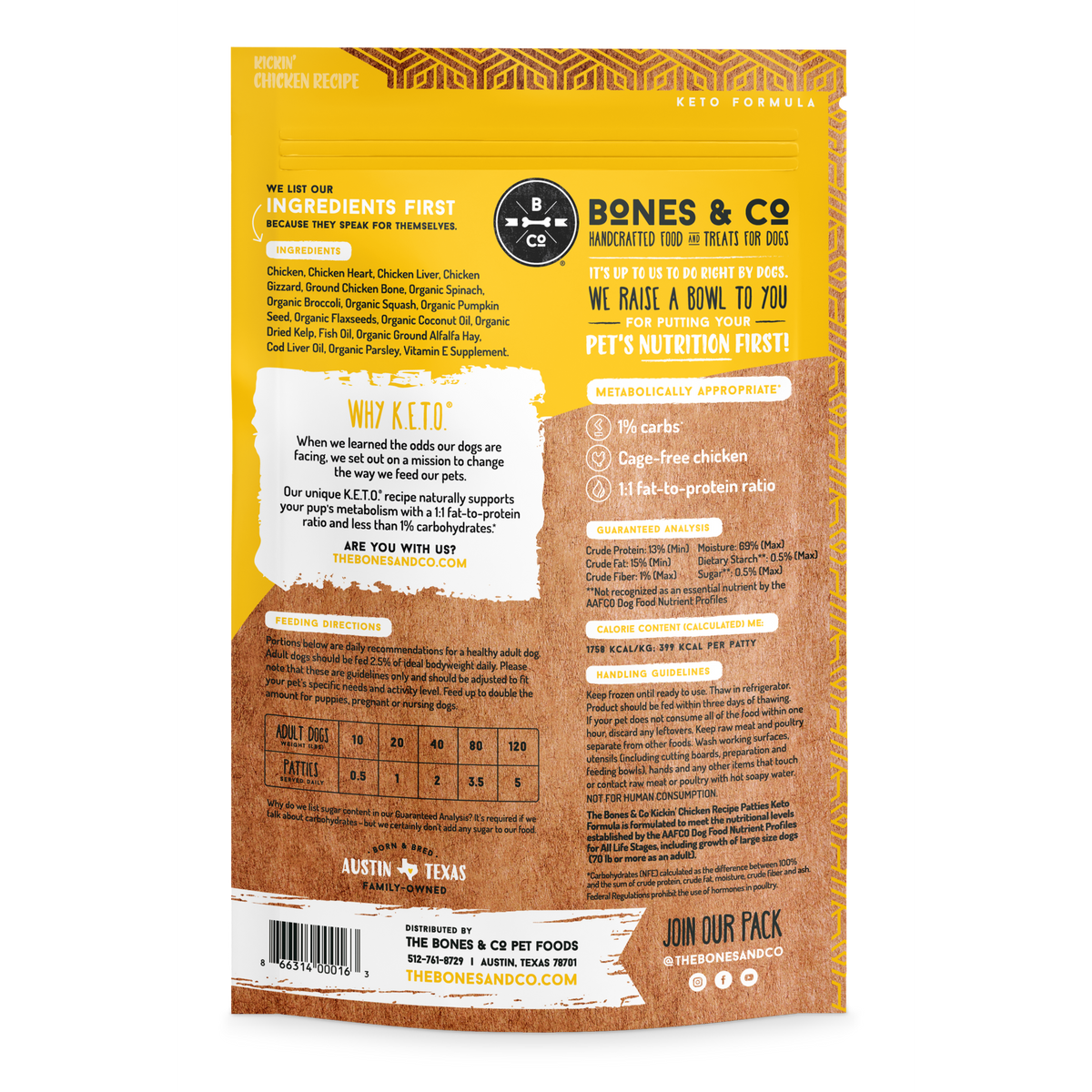 The Bones &amp; Co Frozen Raw Kickin&#39; Chicken Dog Food