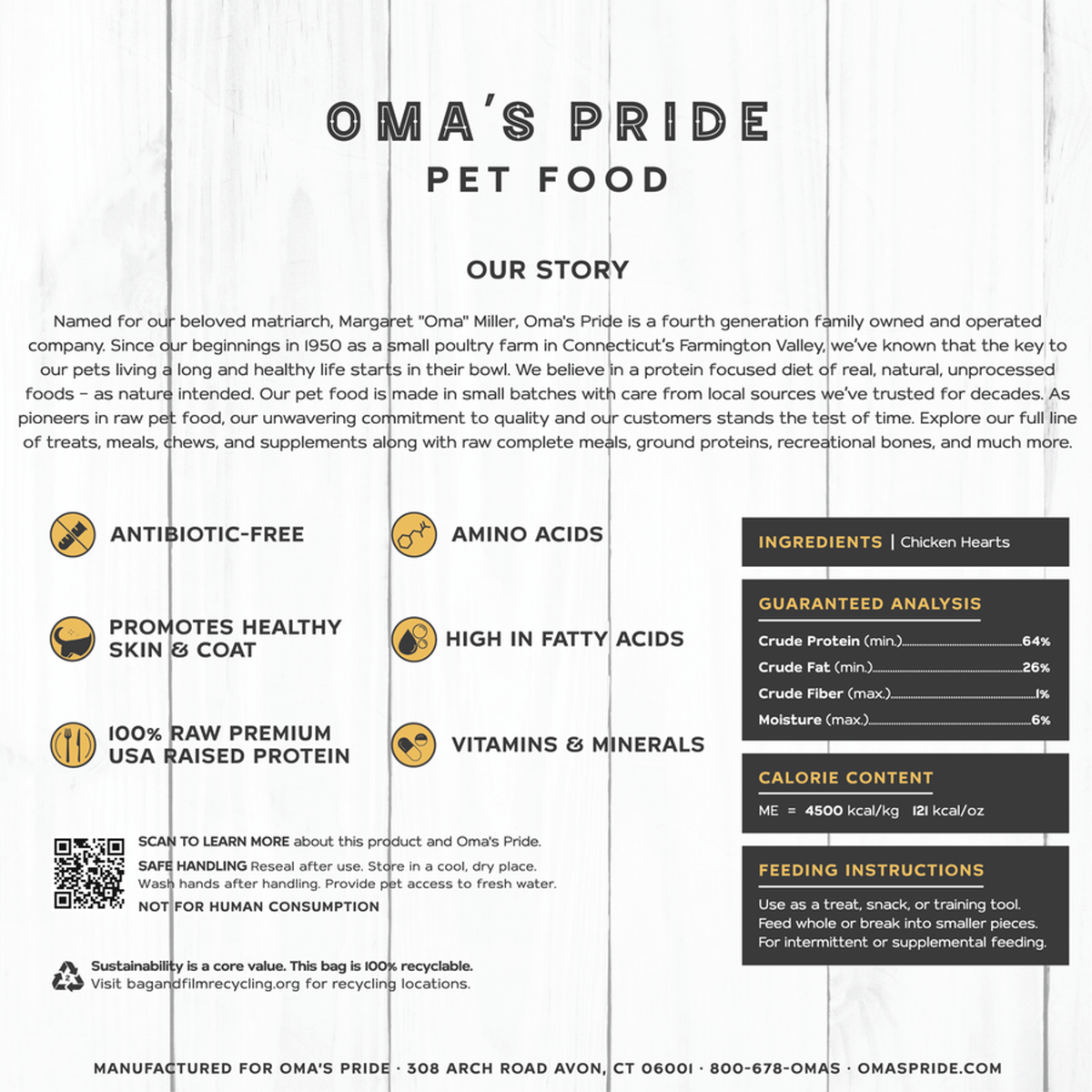 Oma&#39;s Pride Freeze-Dried Raw Chicken Hearts Dog &amp; Cat Treats