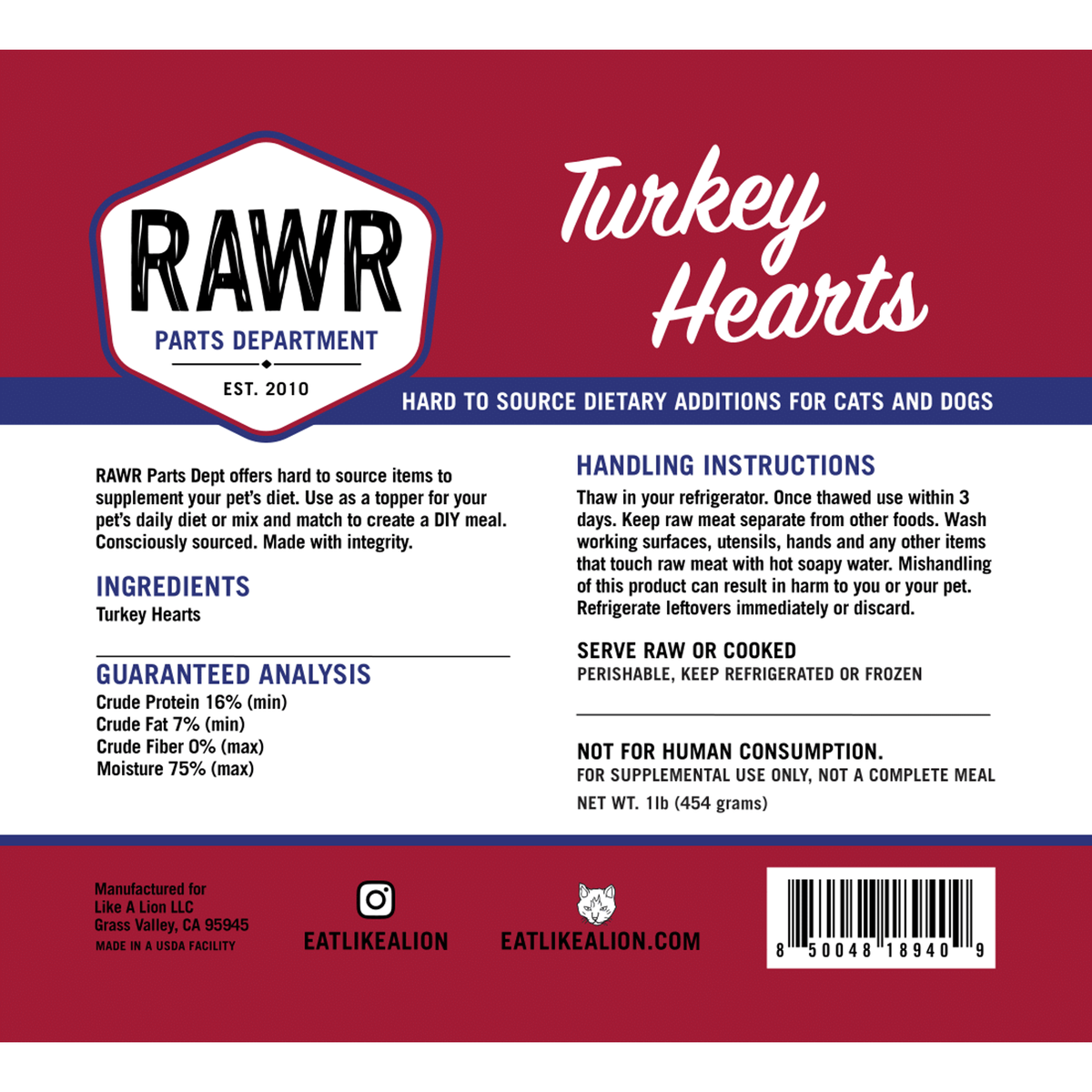 Rawr Frozen Raw Turkey Hearts for Dogs & Cats