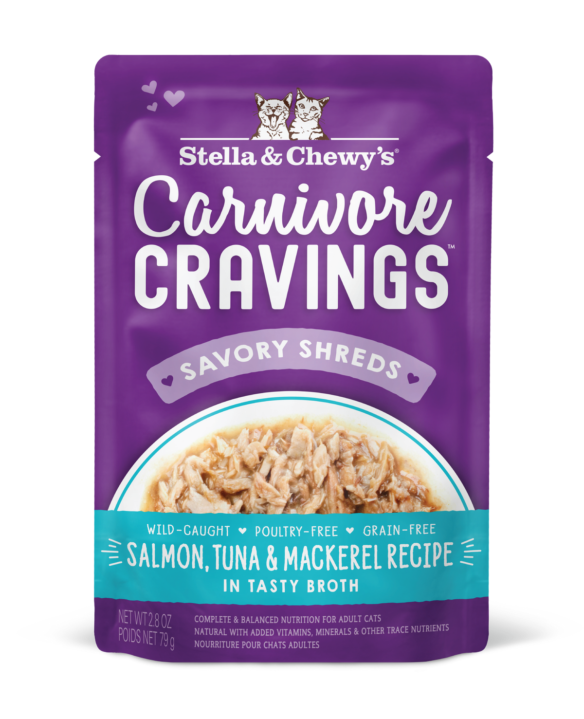 Stella &amp; Chewy&#39;s Savory Shreds Carnivore Cravings Salmon, Tuna &amp; Mackerel Cat Food