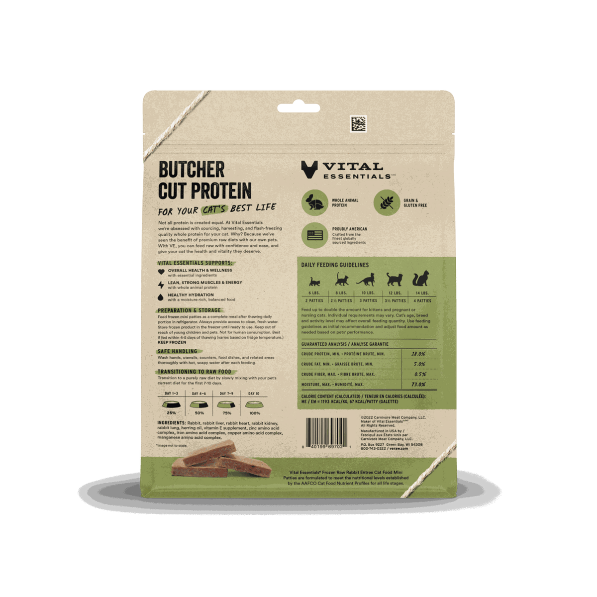 Vital Essentials Frozen Rabbit Mini Patties Raw Cat Food