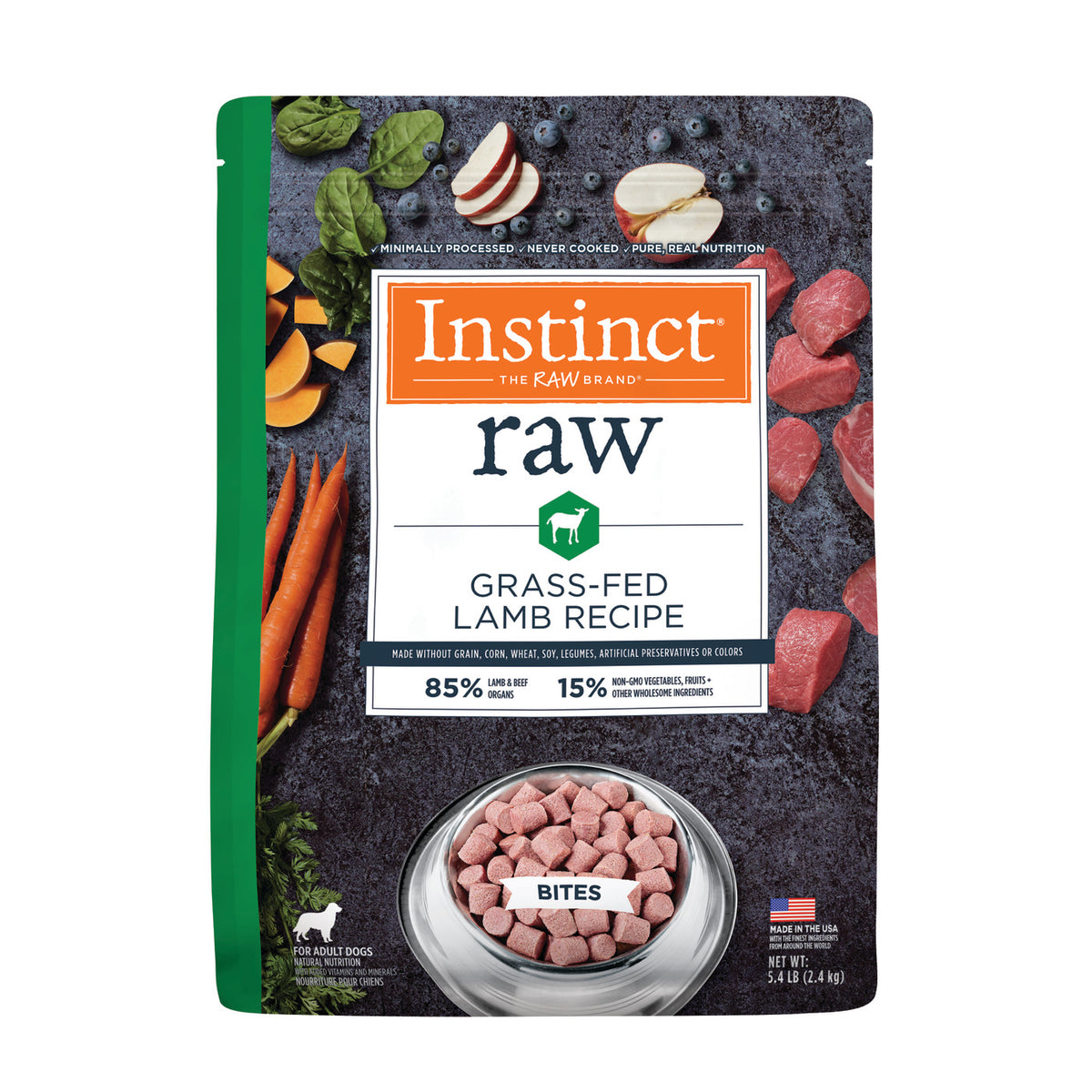 Instinct Frozen Raw Bites Grain-Free Grass-Fed Lamb Recipe Dog Food
