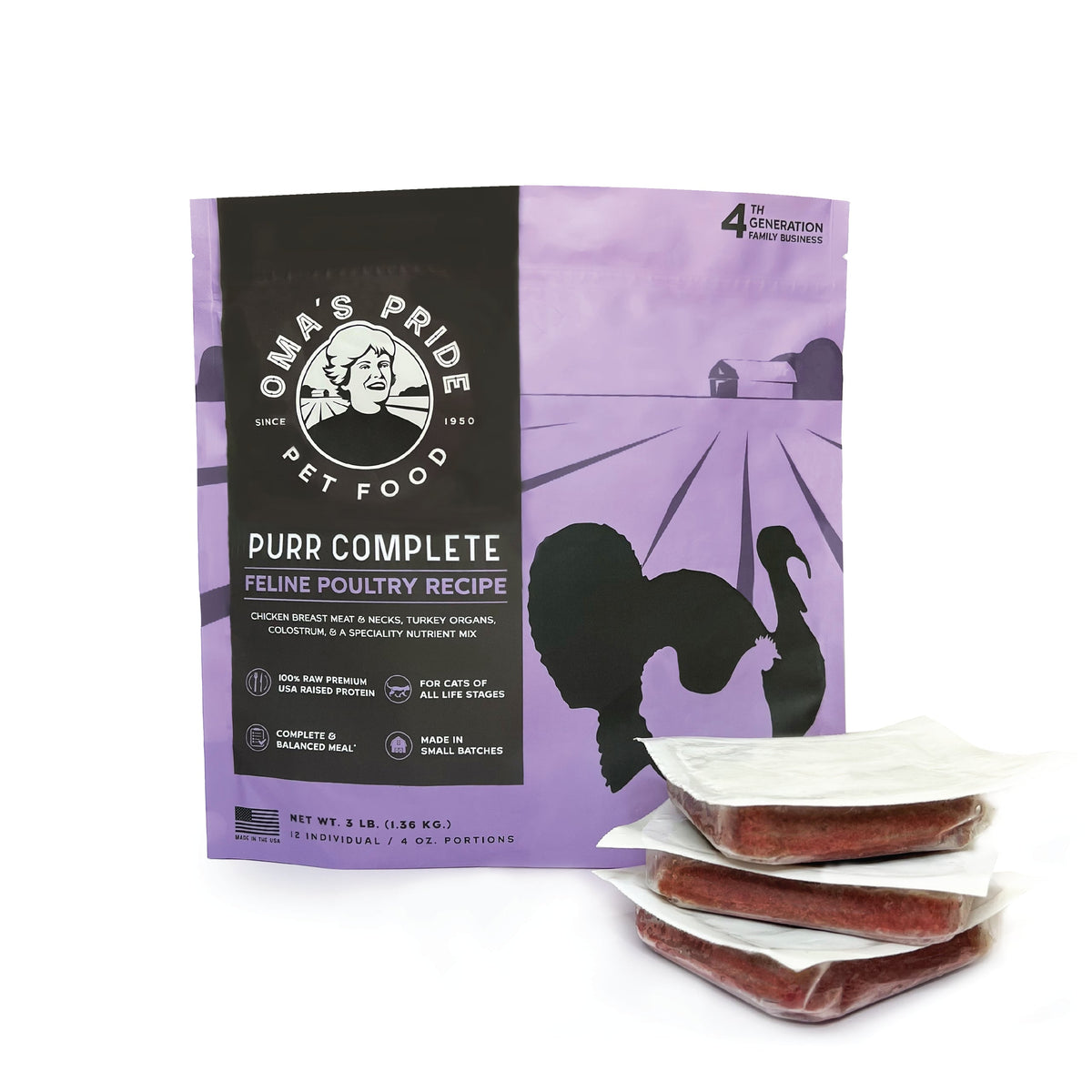Oma&#39;s Pride Purr Complete Feline Poultry Frozen Raw Cat Food