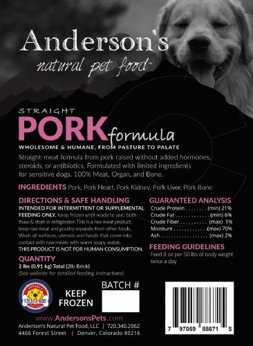Anderson&#39;s Colorado Straight Pasture-Raised Pork Only Frozen Raw Dog and Cat Food