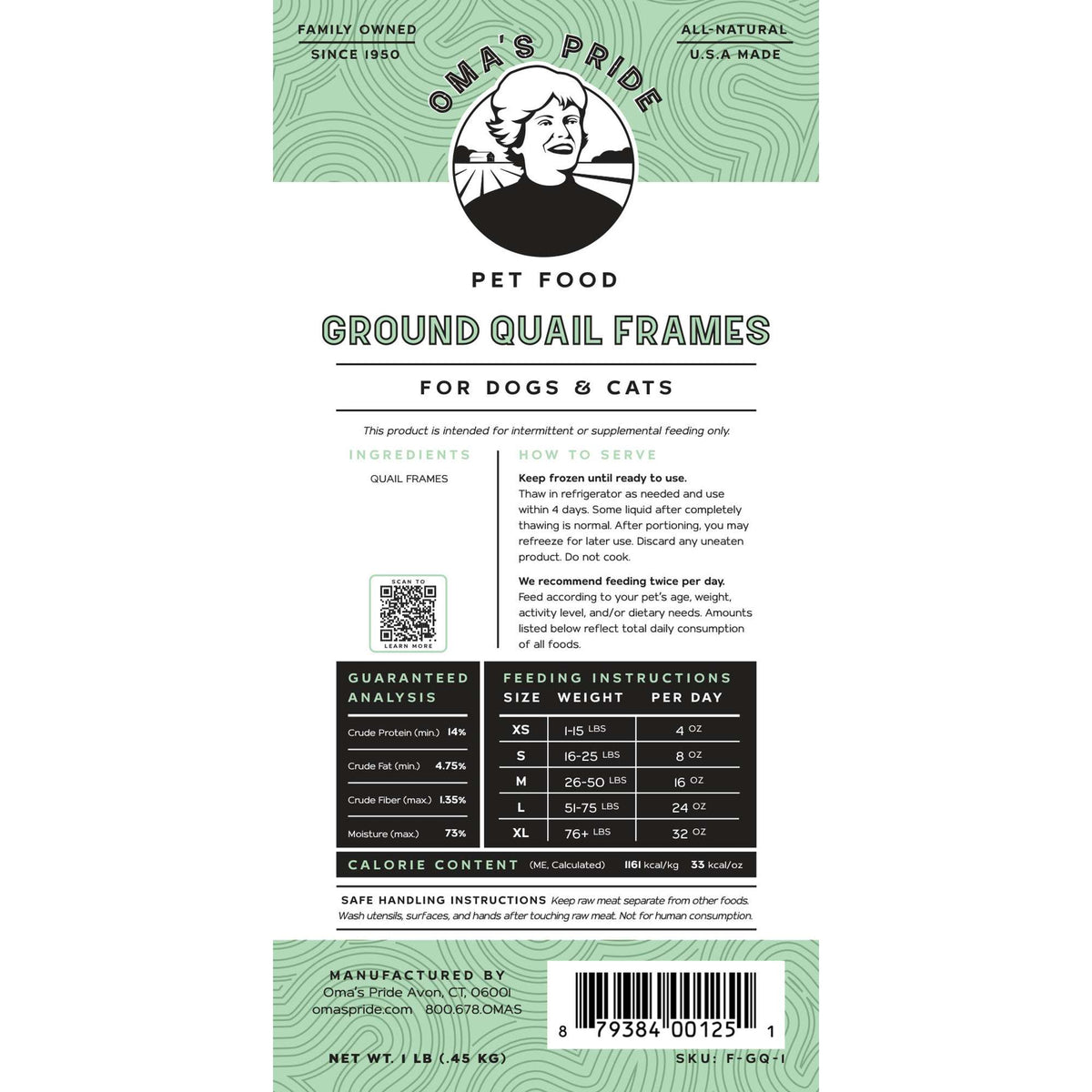 Oma&#39;s Pride Frozen Raw Ground Quail Frames for Dogs &amp; Cats