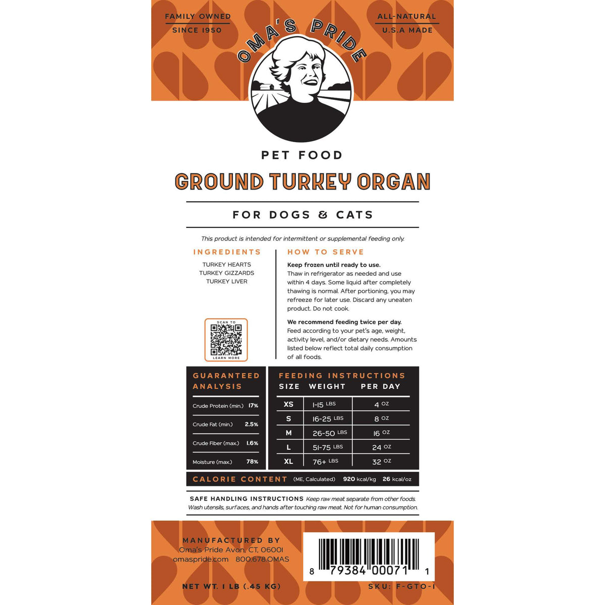 Oma&#39;s Pride Frozen Raw Ground Turkey Organ for Dogs &amp; Cats
