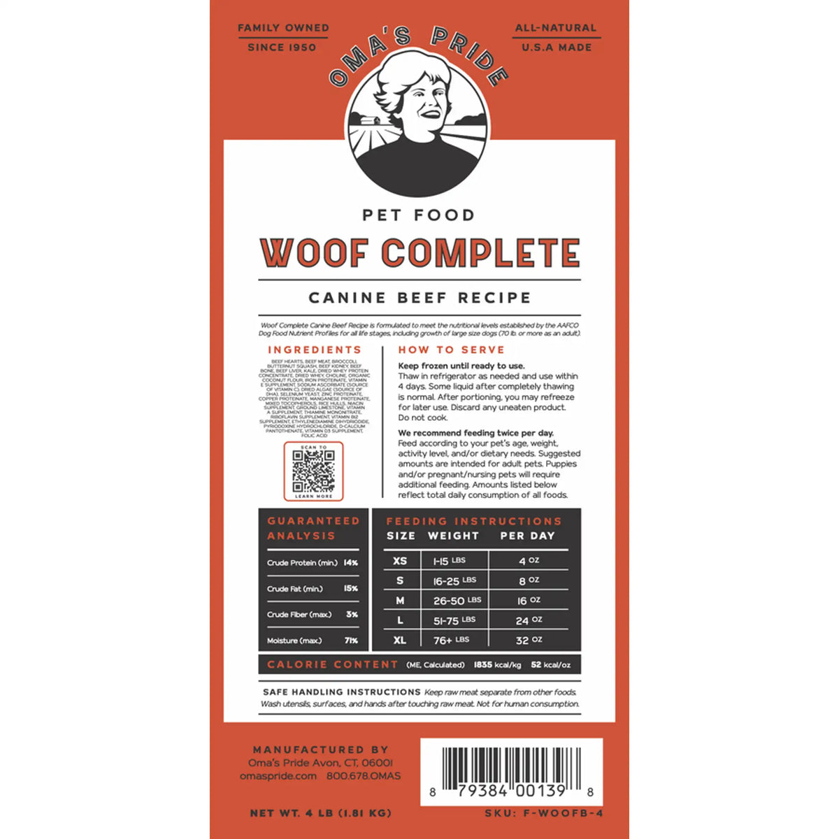 Oma&#39;s Pride Woof Complete Canine Beef Frozen Raw Dog Food