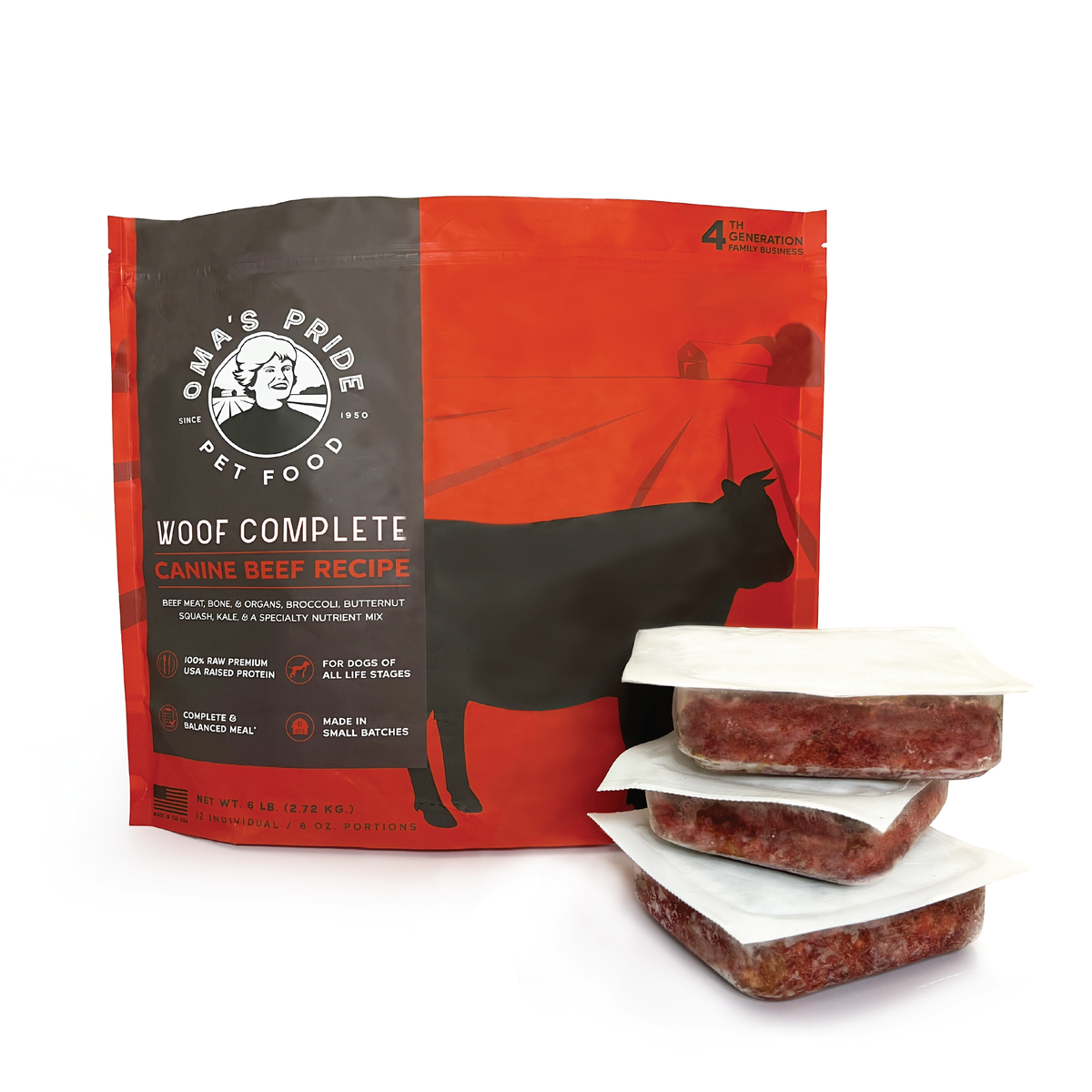 Oma&#39;s Pride Woof Complete Canine Beef Frozen Raw Dog Food