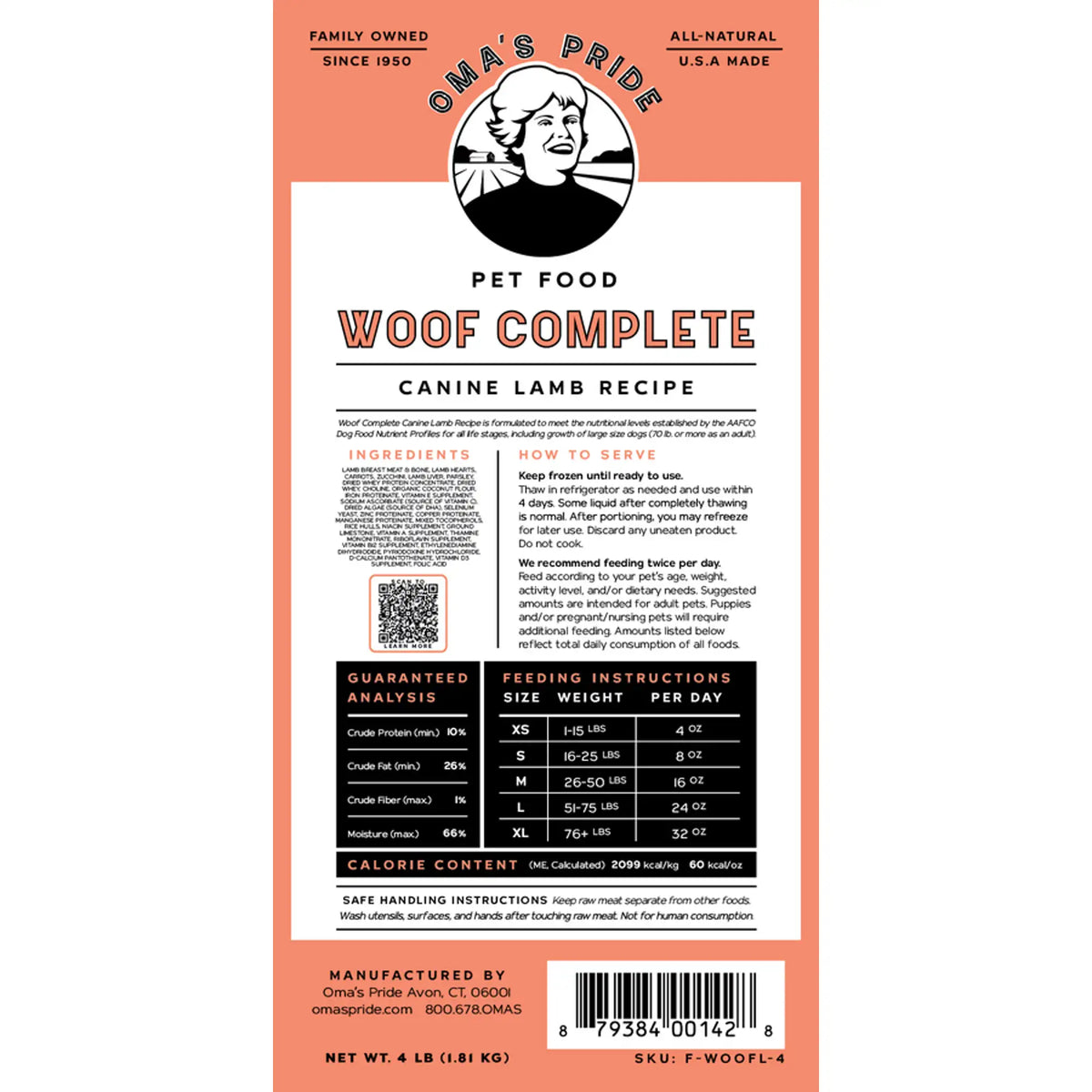 Oma&#39;s Pride Woof Complete Canine Lamb Frozen Raw Dog Food