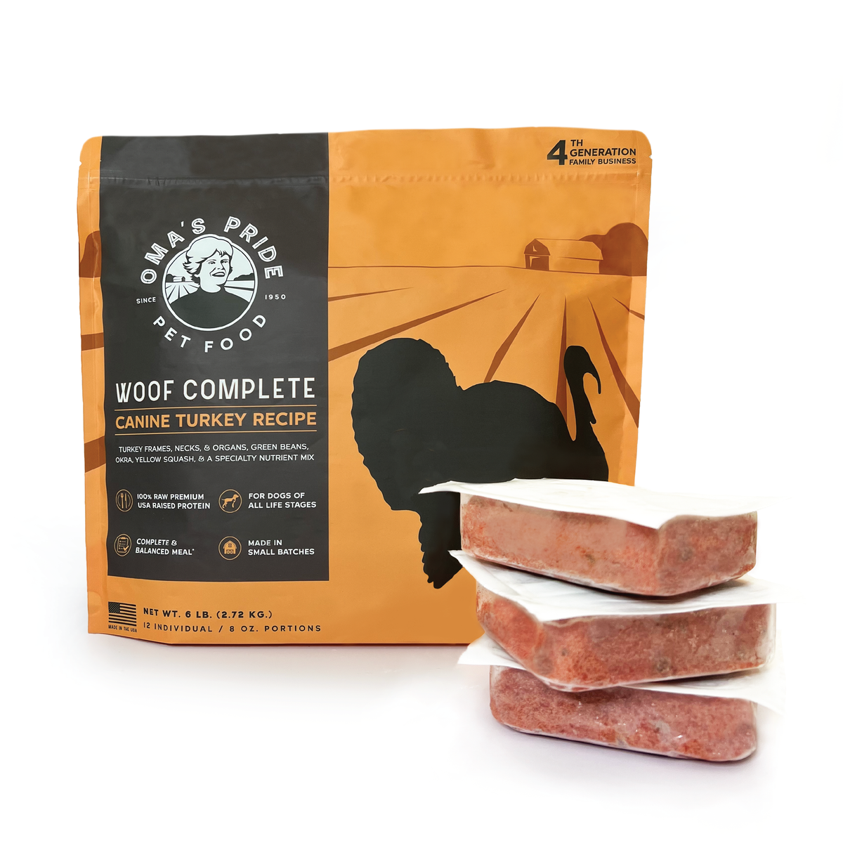 Oma&#39;s Pride Woof Complete Canine Turkey Frozen Raw Dog Food