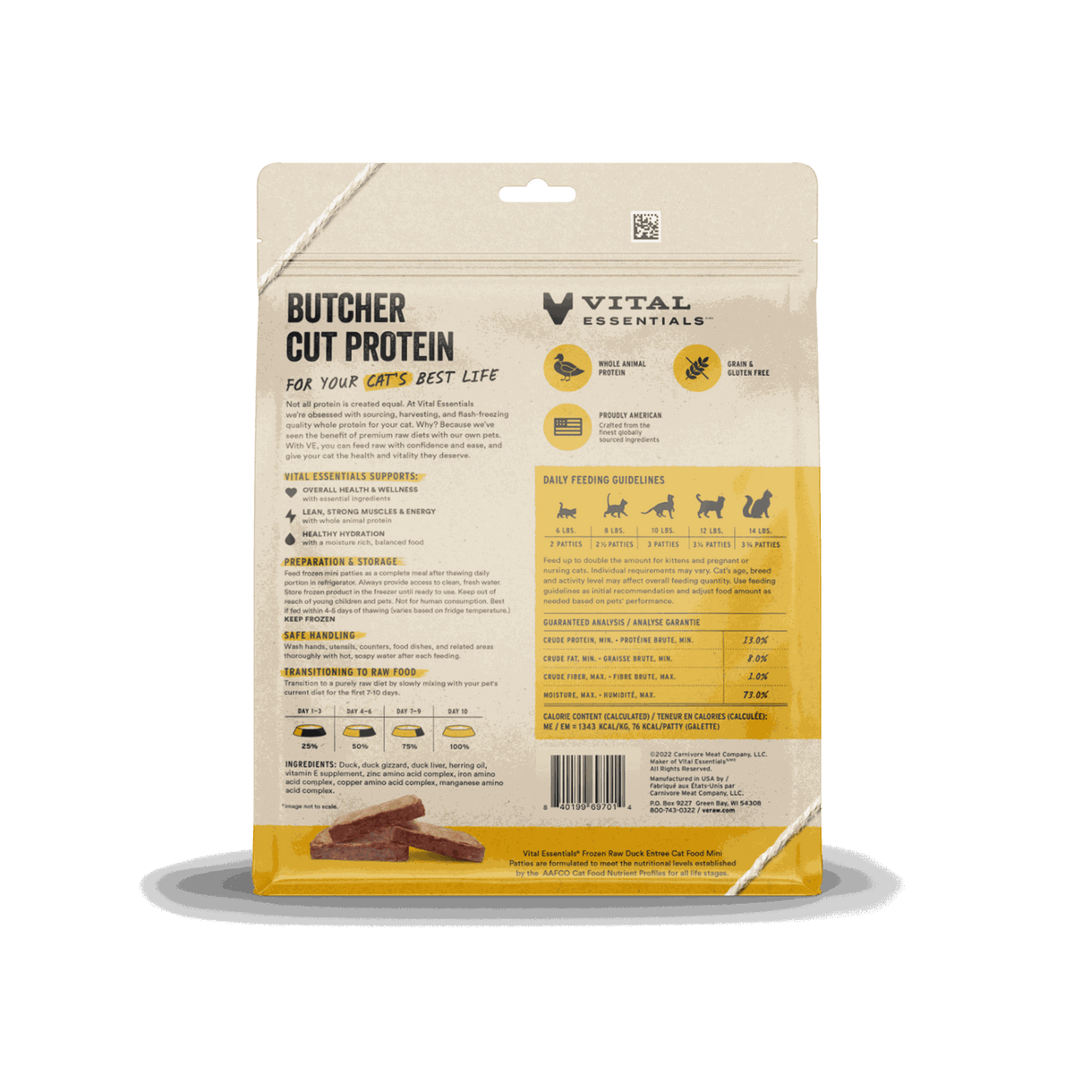 Vital Essentials Frozen Duck Mini Patties Raw Cat Food